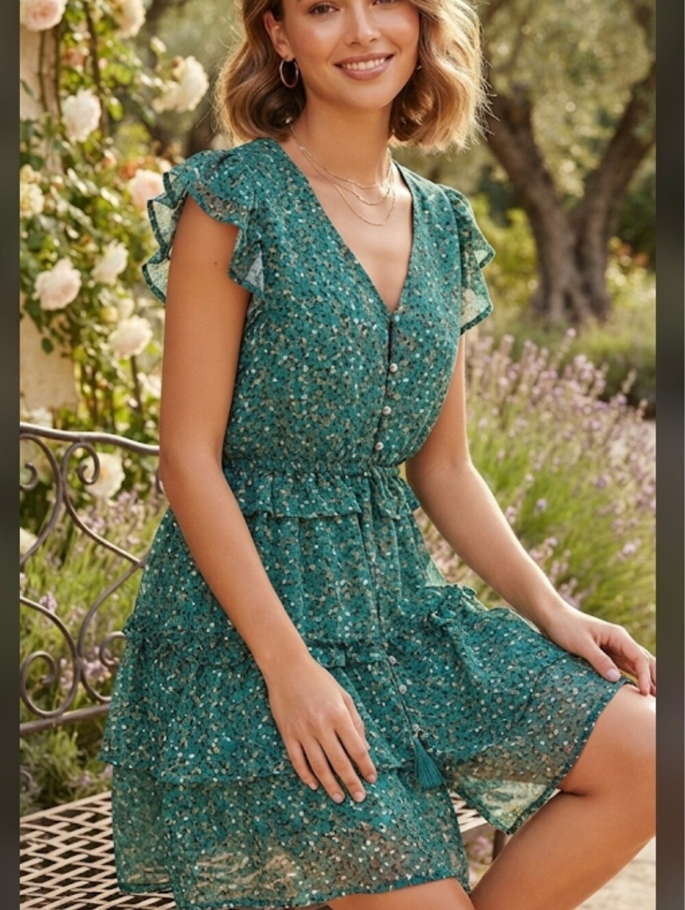 Trinhnology Green Floral V-Neck Ruffle Mini Dress             (SKU 0043)